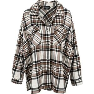HFX Wool Blend Plaid Shacket Shirt Jacket Women's XXL Brown White Cabincore Fall